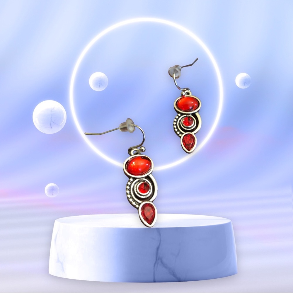 Yaomiao Crystal Dangle Oval/Circle/Water Drop Earrings Women's Red/Silver - Picture 2 of 6